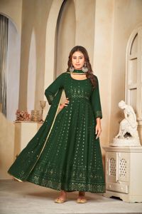 Costume Anarkali de luxe pour femmes, vert, manches 3/4, en Santoon, semi-couture, extensible, séchage rapide, pour fêtes et mariages - Product Image 2