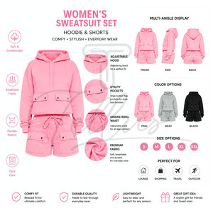 Custom Logo for Two Piece Hoodie <b>Set</b> Cut <b>Sew</b> Cotton Sun Faded Sweatsuit Cropped Short Summer Lightweight Breathable Women - Product Image 6