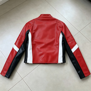 เสื้อแจ็คเก็ตหนังสำหรับผู้ชายสีแดง DST Racing โลโก้พิมพ์ด้านหน้า คอตั้ง ซิปปิด กันน้ำ ทรงปกติ สไตล์ไบค์เกอร์ - Product Image 2