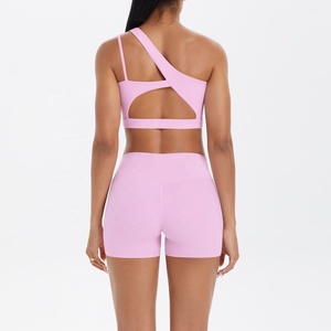Pink one-shoulder yoga set Seamless crop top shorts High waist yoga shorts Asymmetric activewear set - Product Image 5
