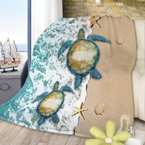 Sea Turtle Flannel Blanket Modern Coastal Ocean Beach Swirls Throw for Bed Sofa Couch Super Soft Lightweight Blue Ocean Home - Product Image 1