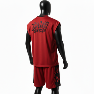Conjunto de pantalones cortos y camiseta de baloncesto para hombre, tela de malla de poliéster transpirable, panel lateral rojo y negro, logotipo con transferencia térmica, conjunto corto para hombre - Product Image 5