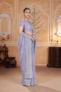Purple Gold Crunchy Embroidered Quick Dry <b>Saree</b> Set <b>Blouse</b> for Women Traditional Indian Wedding Wear Floor-Length Regular Fit - Product Image 3