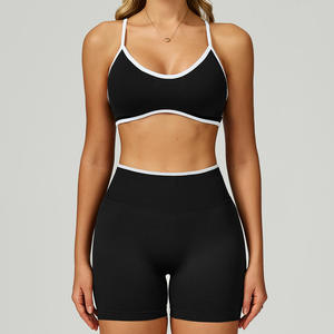 Ensemble de vêtements de sport pour homme en cinq pièces, bleu, soutien-gorge de sport extensible, haut court à manches longues, shorts, vêtements de fitness décontractés, coupe ajustée, taille élastique - Product Image 6