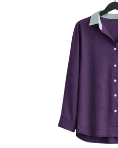 Conjunto de pijama de lino y algodón para mujer, color morado, camisa con botones y bolsillo en el pecho y pantalones con cordón, conjunto de ropa de dormir informal - Product Image 3