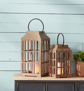 Ensemble de lanternes à bougies en bois, support de pilier vintage à structure ouverte avec poignée en métal, lampe hurricane rustique pour la décoration intérieure - Product Image 3