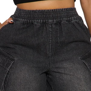 <b>Women's</b> Black <b>Denim</b> <b>Cargo</b> <b>Shorts</b> High Waist Casual Utility Regular Fit Raw Hem Fashion Streetwear Summer Breathable Quick Washed - Product Image 3