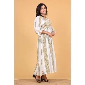 Vestido Maxi Bohemio Indio 100% Algodón con Estampado de Bloques, Ecológico, para Mujer, Vestido Largo con Volantes para Fiesta de Verano - Product Image 3