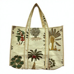 Beige Botanical Print Cotton Tote Bag Large Capacity Reusable Shopping Bag Eco Friendly Women Shoulder Handbag Wholesale - Product Image 2