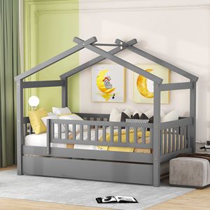 Letto a casetta in legno per bambini, doppia piazza, con letto estraibile grigio - Set completo - Product Image 3