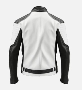 Men's White Black Leather Motorcycle <b>Jacket</b> Stand Collar <b>Zipper</b> Closure Moto Biker Style Autumn Wear - Product Image 3