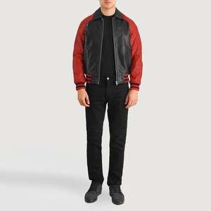 Men's <b>Black</b> <b>and</b> <b>Red</b> Leather Bomber <b>Jacket</b> with Zipper Closure <b>and</b> Color Blocking Design <b>Varsity</b> <b>Jacket</b> For Men - Product Image 4