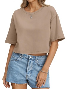 Women Beige Short Sleeve <b>Crop</b> <b>Top</b> Crew Neck Loose Fit Solid Color Casual Summer T-Shirt 100% Cotton Jersey Knitted Breathable - Product Image 4