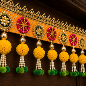 Traditional Handmade Orange Pink Toran Door Hanging with Yellow Pom Pom Pearl Tassels Gold Embroidery Indian Festive Decor - Product Image 6