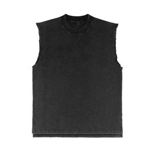 เสื้อยืดแขนกุดผู้ชาย ผ้าคอตตอนหนา 220 GSM สีดำซีดขอบดิบ ปักโลโก้ตามสั่ง เสื้อยืดผู้ชาย 100% ผ้าคอตตอน ทรงหลวม พิมพ์ลาย - Product Image 1