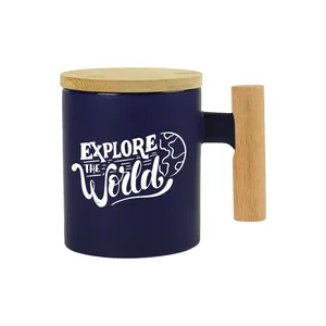 Mug à café minimaliste en céramique de 380 ml avec poignée et couvercle en bambou - Product Image 2