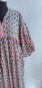 Ethnic Pink Floral Hand Print Cotton Midi <b>Dress</b> With Tie Neck Short Puff Sleeve <b>Loose</b> Fit Casual Summer <b>Dress</b> For Women - Product Image 5