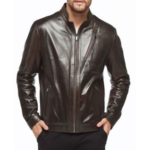 Men's Brown PU Leather Moto <b>Biker</b> <b>Jacket</b> Stand Collar Zipper Closure Regular Fit Autumn Style Solid Color - Product Image 1