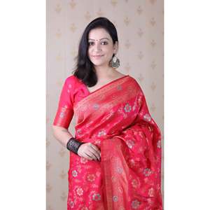 Sari en soie douce tissé Jaal Banarasi rose avec Zari doré et Meenakari Elite Weaves – Vêtement indien/pakistanais - Product Image 3