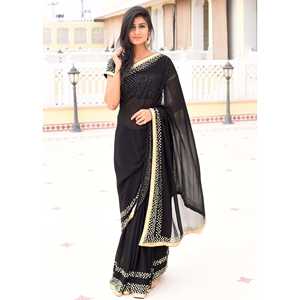 Sari noir exclusif de créateur, taille XS, en organza, avec découpe au dos et superposition transparente, taille naturelle - Product Image 3