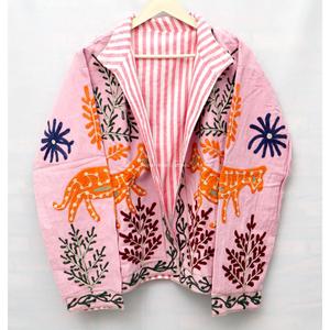 One Size Embroidered Animal Floral Pattern Duck Cotton Casual Coat Adults Spring <b>Summer</b> Wear Suzani <b>Jacket</b> Eco-Friendly Mandarin - Product Image 2
