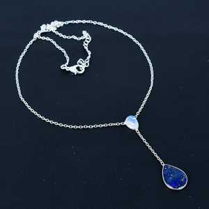 Collier de fiançailles minimaliste pour femme en argent sterling 925 plaqué or avec pierre précieuse en lapis-lazuli naturel taillée en poire et pierre de lune - Product Image 4