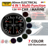 Nuovo Indicatore Multifunzione da Corsa 80mm 4IN1: Pressione Olio 0-10 Bar, Temperatura Acqua, Livello Carburante, Voltmetro con LED a 7 Colori, Lancetta Rossa, Nero, 12V CE