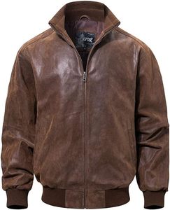 Blouson aviateur en cuir véritable marron pour homme, col montant, fermeture éclair, style décontracté, coupe classique, couleur unie, idéal pour l'automne - Product Image 5