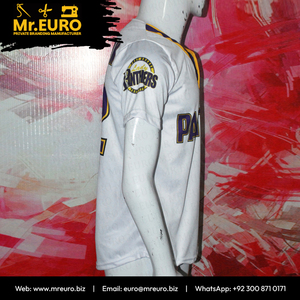 Camiseta de Béisbol Sublimada Personalizada, Panthers 02, Blanca y Amarilla, Manga Corta, Unisex, Absorbe la Humedad, Antibacteriana, Cuello en V, 100% - Product Image 4