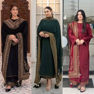 Conjunto de traje Salwar étnico de seda crepé de diseñador de buena calidad con Kameez bordado, pantalón a juego y elegante Dupatta para mujer - Product Image 2