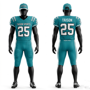 Uniforme de football américain pour hommes, en polyester respirant, avec empiècements latéraux bleu-vert et or, design en twill, broderie personnalisée. - Product Image 2