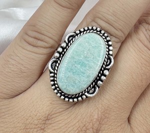 Natural Amazonite Brass 925 Silver Plated Handmade Adjustable Gemstone <b>Statement</b> <b>Ring</b> Boho Fashion Jewelry Unisex - Product Image 1