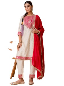 Ivory & Crimson Chanderi Silk Embroidered Kurta Set with Dupatta Traditional Indian Pakistani Salwar Kameez Suit <b>Ankle</b> length - Product Image 1
