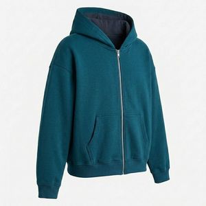 Sweat à capuche zippé pour homme, couleur Teal uni, entièrement zippé, style minimaliste et décontracté, avec poches avant, vêtements de détail personnalisés en gros - Product Image 2