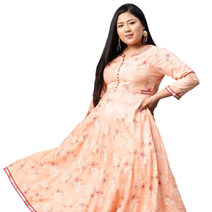 ชุดเดรส Anarkali ผ้าวิสโคสลายดอกพีช คอวี แขนสามส่วน ไซส์ใหญ่ สไตล์ลำลองสำหรับผู้หญิง ขายส่ง - Product Image 1