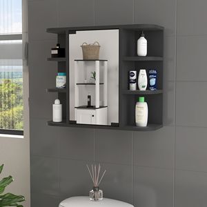Armadietto per medicinali Roseburg a 6 ripiani, finitura nero wengue, con specchio per mensole da bagno - Product Image 1