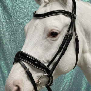 Bridon de dressage anatomique haut de gamme en cuir verni noir avec sangle de front et rênes ornées de cristaux argentés – Équipement équestre en gros - Product Image 2