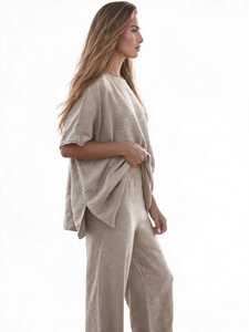 Ensemble décontracté d'été pour femme : haut à manches courtes en lin et coton beige et pantalon large coupe ample - Product Image 6