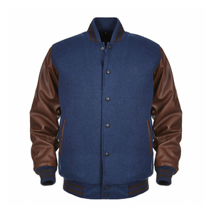 Men's Blue Varsity <b>Jacket</b> Brown Leather Sleeves Crew Neck Regular Fit Casual Streetwear Breathable Wool Lining Winter Wear - Product Image 2
