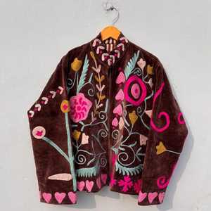 Chaqueta Blusón de Terciopelo Bordada con Estampado Floral, Manga Larga, Cuello Camisero, Chaqueta de Otoño para Mujer con Cierre de Cremallera - Product Image 1