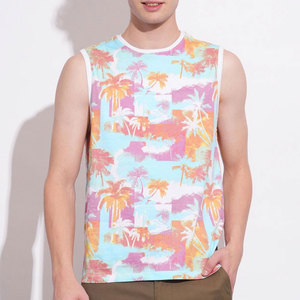 Camiseta sin Mangas con Cuello Redondo y Estampado de Palmeras Tropicales, Corte Regular Informal, Tejido de Poliéster Transpirable - Product Image 1