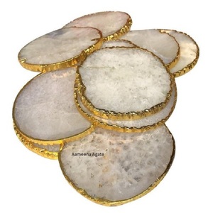 Luxury Natural White Agate <b>Coaster</b> Handmade Gemstone Drink <b>Coaster</b> with Gold Edge for Home Decor and Gifts from Aameena Agate - Product Image 1