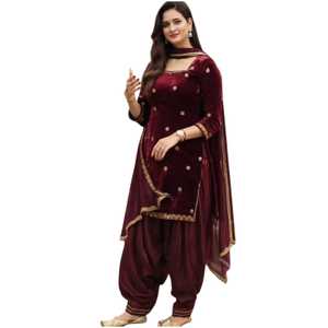 Ensemble traditionnel indien et pakistanais pour femmes, en velours noir, avec broderie, coupe ample, longueur au sol, tenue décontractée. - Product Image 1
