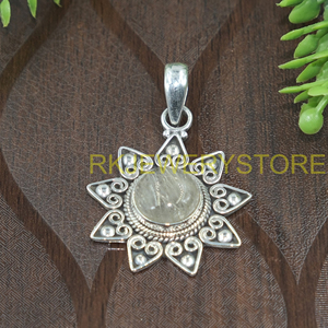 Colgante de Cuarzo Rutilado Dorado en Plata de Ley 925, Diseño Boho de Flor de Sol Hecho a Mano, Joyería con Piedras Preciosas, Regalo para Mujer, Regalo de Aniversario - Product Image 2