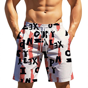 Men's White Letter Print Double <b>Layer</b> Polyester/Cotton Board Shorts <b>Mid</b> Waist Drawstring Breathable Quick Dry Pockets Casual - Product Image 3