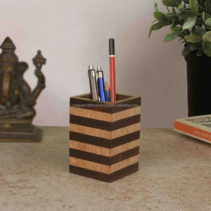 Organizador de escritorio de madera con doble compartimento Soporte de papelería hecho a mano para oficina y hogar - Product Image 4