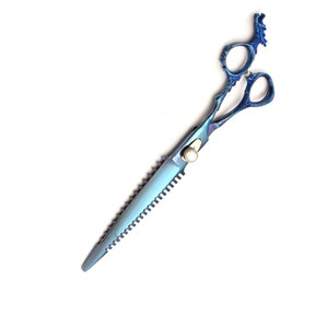 Ciseaux de barbier professionnels en acier inoxydable bleu plasma, lame fine et pointue avec design en os de poisson et manche dragon - Product Image 1