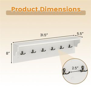 "Wall-Mounted Coat Rack with 6 <b>Hooks</b> & 110LBS Capacity 31.5"x5.5"x8" White <b>Shelf</b> for Home Organization" - Product Image 5