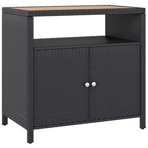 Mobiletto da Esterno Nero con Piano in Legno di Acacia e Tavolo Bar in Vimini, Scaffale a Due Ante per Conservazione Asciugamani da Piscina - Product Image 1