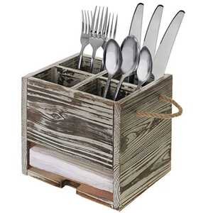 Rustic Wooden Cutlery Holder with Napkin Compartment Farmhouse Utensil Organizer Box with Handle <b>Kitchen</b> <b>Table</b> Storage Caddy - Product Image 2